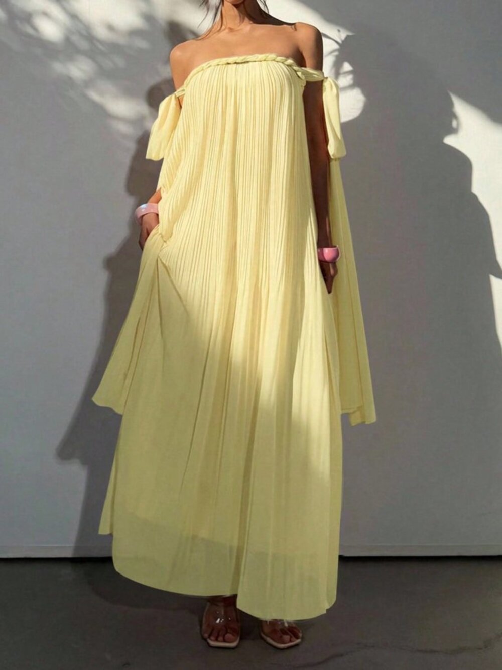 Light Yellow Bohemian Women's Off-Shoulder Chiffon Maxi A-Line Dress - Picture 3 of 8
